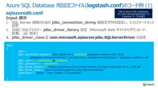 Azure SQL Database ⽤設定ファイル(logstash.conf)のコード例 (1)
"jdbc:sqlserver://hostname.database.windows.net:1433;
database=AdventureWorksLT;encrypt=true; hostNameInCertificate=*.database.windows.net"
”<username>@hostname"
”<password>"
/Users/(username)/Documents/sqljdbc_8.4/jpn/mssql-jdbc-8.4.1.jre8.jar"
"com.microsoft.sqlserver.jdbc.SQLServerDriver"
"Select * from [SalesLT].[Customer]"
sqlazuredb.conf
com.microsoft.sqlserver.jdbc.SQLServerDriver
 