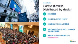 3億5,000万ダウンロード以上、12,000以
上の企業での採⽤
40カ国以上で2,000⼈の従業員
IPO 2018, NYSE: “ESTC”
2012年設⽴
Elastic 会社概要
Distributed by design
About Elastic
世界の#1データベース検索エンジン
(DB-Engines)
 