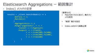 Elasticsearch Aggregations ー 範囲集計
•
…
results = _client.Search<Book>(s => s
.Query(q => q
.MatchAll()
)
.Aggregations(a => a
.Range("pageCounts", r => r
.Field(f => f.PageCount)
.Ranges(r => r.From(0),
r => r.From(200).To(400),
r => r.From(400).To(600),
r => r.From(600)
)
)
…
[重要な点]
• MatchAll クエリに加えて、集計メソ
ッドを使⽤
• "範囲" 集計を指定
• Index.cshtml も編集必要
 