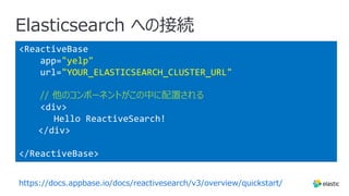 Elasticsearch への接続
<ReactiveBase
app="yelp"
url="YOUR_ELASTICSEARCH_CLUSTER_URL"
// 他のコンポーネントがこの中に配置される
<div>
Hello ReactiveSearch!
</div>
</ReactiveBase>
https://docs.appbase.io/docs/reactivesearch/v3/overview/quickstart/
 
