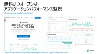 無料かつオープンな
アプリケーションパフォーマンス監視
https://www.elastic.co/jp/apm
https://www.elastic.co/guide/en/apm/agent/rum-js/5.x/react-integration.html
 