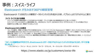 事例︓スイス・ライフ
Elasticsearch が⽣み出す360°の顧客管理
Elasticsearch で1000万⼈の顧客データのインデックス作成から分析、パブリッシュまでリアルタイムに実⾏
スイス・ライフにおける課題
スイス・ライフは保険や資産管理サービスを⼿掛ける⼤⼿企業で、フランスでは個⼈向け保険商品を主⼒に⾼いシェアを持つ
スイス・ライフ・フランスの1000万⼈の顧客情報に対し、さまざまなフォーマットや、さまざまなタイプのユーザアクセスにより、データへの均質なアクセス
を維持することが難しくなり、情報が「サイロ化」していた
Elasticsearchによる解決
スムーズな運⽤と、情報への均質なアクセスを実現させるため、スイス・ライフ・フランスは Elasticsearch で顧客データのインデックスとパブリッシュを⾏った
あらゆる顧客の窓⼝となる Web サイトとモバイルアプリケーションにデータを提供するため、まず Elasticsearch ですべての顧客データを1か所に集約
顧客記録、契約データ、マーケット分類データ、年⾦と保険スコアのすべての情報を横断してリアルタイムにクエリ。
すべての顧客がポータルサイトにアクセスでき、顧客情報と契約情報をすばやく取得できる機能を提供。また、情報が更新された場合、ソースシステムで
10秒以内にインデックスを作成。
https://www.elastic.co/jp/customers/swiss-life
“スピードと信頼性は不可⽋です。Elasticsearch がデータをリアルタイムにインデックスするようになり、すべてが進
化しました。"
– クリスチャン・ファン・チョン, スイス・ライフ・フランス、チーフエンタープライズアーキテクト
 