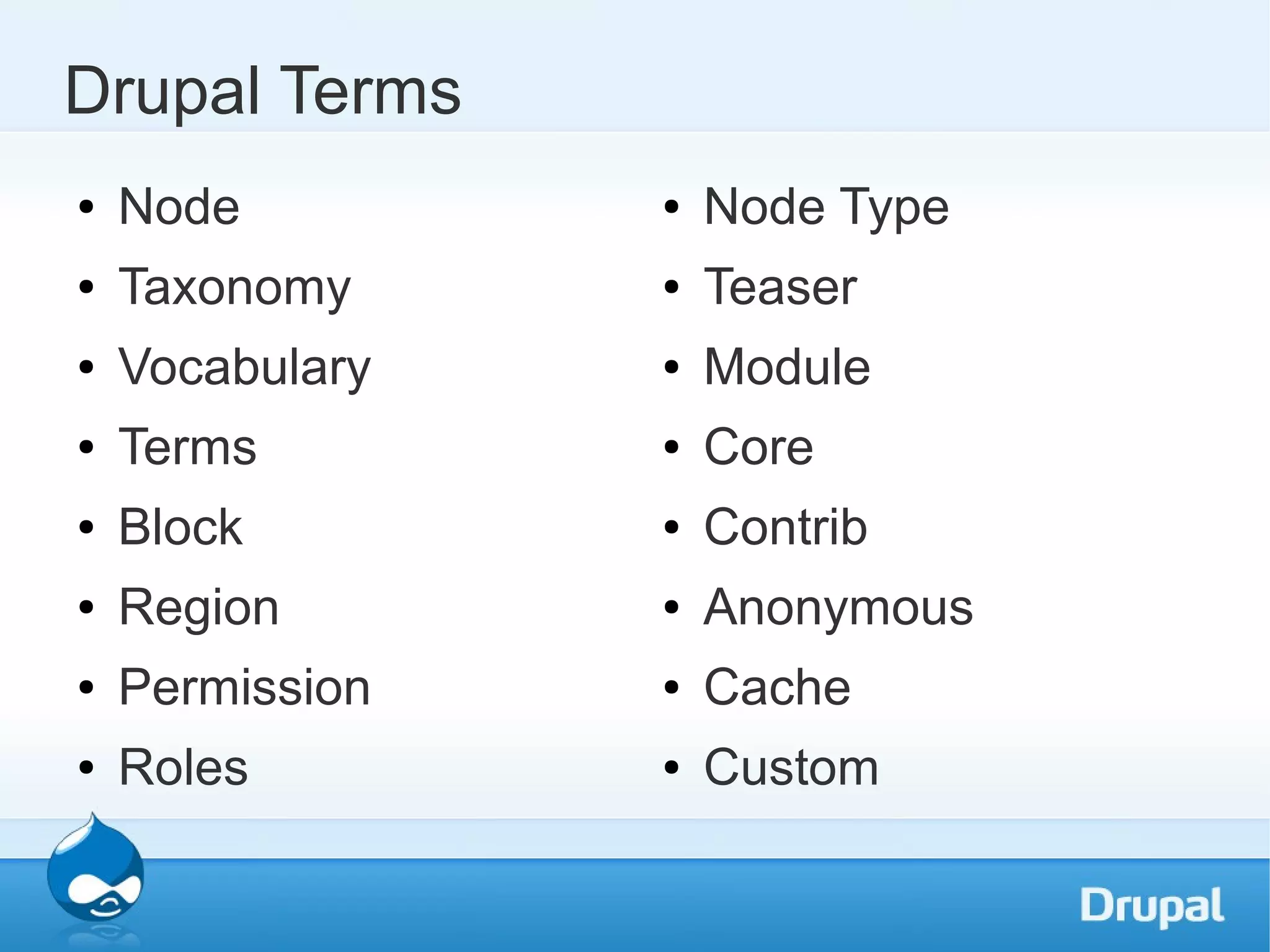 Drupal Terms ● Node ● Node Type ● Taxonomy ● Teaser ● Vocabulary ● Module ● Terms ● Core ● Block ● Contrib ● Region ● Anonymous ● Permission ● Cache ● Roles ● Custom 