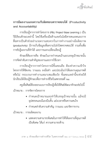 ครู พื่อศิษย์
ภาค ๕ เรื่องเล่าตามบริบท : จับความจากยอดครูมาฝากครูเพื่อศิษย์
 55ภาค ๑ ทักษะเพื่อการดำรงชีวิต ในศตวรรษที่ ๒๑ (21st
Century Skills)
ครู พื่อศิษย์
55
การมีผลงานและความรับผิดชอบตรวจสอบได้ (Productivity
and Accountability)
	 การเรียนรู้จากการทำโครงการ (PBL/ Project Base Learning ) เป็น
วิธีเรียนทักษะเหล่านี้ โดยใช้เครื่องมือด้านเทคโนโลยีสารสนเทศและการ
สื่อสารเป็นตัวช่วยอำนวยความสะดวกในการทำงานอย่างมีผลิตภาพ
(productivity) มีการเก็บข้อมูลเพื่อความโปร่งใสตรวจสอบได้ รวมทั้งเพื่อ
การรับรู้ผลงานที่ทำได้ และการแลกเปลี่ยนเรียนรู้ 
	 ทักษะที่ต้องการคือ ทักษะในการกำหนดเป้าและบรรลุเป้าหมายนั้น 
การจัดลำดับความสำคัญของงานและการใช้เวลา
	 การเรียนรู้จากการทำโครงการมีขั้นตอนคือ ต้องทำความเข้าใจ
โครงการให้ชัดเจน วางแผน ลงมือทำ และประเมินว่าได้ผลงานคุณภาพดี
หรือไม่ กระบวนการทำงานเหมาะสมเพียงไร ขั้นตอนเหล่านี้จะช่วยให้
นักเรียนได้เรียนรู้ทักษะเพื่อการดำรงชีวิตในศตวรรษที่ ๒๑ 
	 ครูเพื่อศิษย์ต้องออกแบบการเรียนรู้เพื่อให้ศิษย์พัฒนาทักษะต่อไปนี้
เป้าหมาย :	การจัดการโครงการ
			 	กำหนดเป้าหมายและทำให้บรรลุเป้าหมายนั้น แม้จะมี

				 อุปสรรคและมีแรงบีบคั้น แย่งเวลาหรือความสนใจ
			 	กำหนดลำดับความสำคัญ วางแผน และจัดการงาน 
เป้าหมาย :	การผลิตผลงาน
			 	แสดงความสามารถพิเศษในการทำให้ได้ผลงานที่คุณภาพดี

				 เป็นพิเศษ ได้แก่ ความสามารถด้าน
 