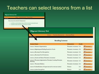 Teachers can select lessons from a list 