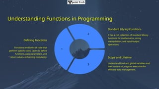Understanding Functions in Programming
Defining Functions
Functions are blocks of code that
perform specific tasks. Learn to define
functions, pass parameters, and
return values, enhancing modularity.
1
2
3
Standard Library Functions
C has a rich collection of standard library
functions for mathematics, string
manipulation, and input/output
operations.
Scope and Lifetime
Understand local and global variables and
their impact on program execution for
effective data management.
 