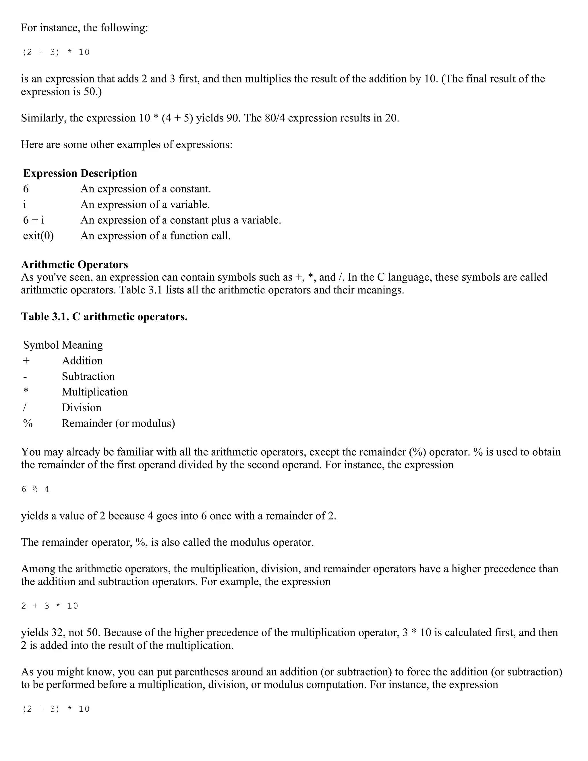 For instance, the following: (2 + 3) * 10 is an expression that adds 2 and 3 first, and then multiplies the result of the addition by 10. (The final result of the expression is 50.) Similarly, the expression 10 * (4 + 5) yields 90. The 80/4 expression results in 20. Here are some other examples of expressions: Expression Description 6 An expression of a constant. i An expression of a variable. 6+i An expression of a constant plus a variable. exit(0) An expression of a function call. Arithmetic Operators As you've seen, an expression can contain symbols such as +, *, and /. In the C language, these symbols are called arithmetic operators. Table 3.1 lists all the arithmetic operators and their meanings. Table 3.1. C arithmetic operators. Symbol Meaning + Addition - Subtraction * Multiplication / Division % Remainder (or modulus) You may already be familiar with all the arithmetic operators, except the remainder (%) operator. % is used to obtain the remainder of the first operand divided by the second operand. For instance, the expression 6 % 4 yields a value of 2 because 4 goes into 6 once with a remainder of 2. The remainder operator, %, is also called the modulus operator. Among the arithmetic operators, the multiplication, division, and remainder operators have a higher precedence than the addition and subtraction operators. For example, the expression 2 + 3 * 10 yields 32, not 50. Because of the higher precedence of the multiplication operator, 3 * 10 is calculated first, and then 2 is added into the result of the multiplication. As you might know, you can put parentheses around an addition (or subtraction) to force the addition (or subtraction) to be performed before a multiplication, division, or modulus computation. For instance, the expression (2 + 3) * 10 