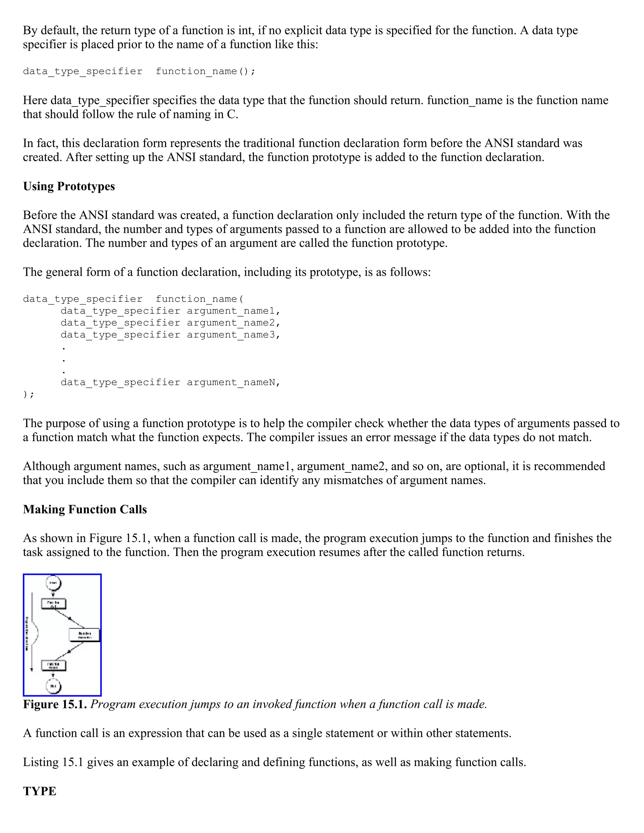 By default, the return type of a function is int, if no explicit data type is specified for the function. A data type specifier is placed prior to the name of a function like this: data_type_specifier function_name(); Here data_type_specifier specifies the data type that the function should return. function_name is the function name that should follow the rule of naming in C. In fact, this declaration form represents the traditional function declaration form before the ANSI standard was created. After setting up the ANSI standard, the function prototype is added to the function declaration. Using Prototypes Before the ANSI standard was created, a function declaration only included the return type of the function. With the ANSI standard, the number and types of arguments passed to a function are allowed to be added into the function declaration. The number and types of an argument are called the function prototype. The general form of a function declaration, including its prototype, is as follows: data_type_specifier function_name( data_type_specifier argument_name1, data_type_specifier argument_name2, data_type_specifier argument_name3, . . . data_type_specifier argument_nameN, ); The purpose of using a function prototype is to help the compiler check whether the data types of arguments passed to a function match what the function expects. The compiler issues an error message if the data types do not match. Although argument names, such as argument_name1, argument_name2, and so on, are optional, it is recommended that you include them so that the compiler can identify any mismatches of argument names. Making Function Calls As shown in Figure 15.1, when a function call is made, the program execution jumps to the function and finishes the task assigned to the function. Then the program execution resumes after the called function returns. Figure 15.1. Program execution jumps to an invoked function when a function call is made. A function call is an expression that can be used as a single statement or within other statements. Listing 15.1 gives an example of declaring and defining functions, as well as making function calls. TYPE 