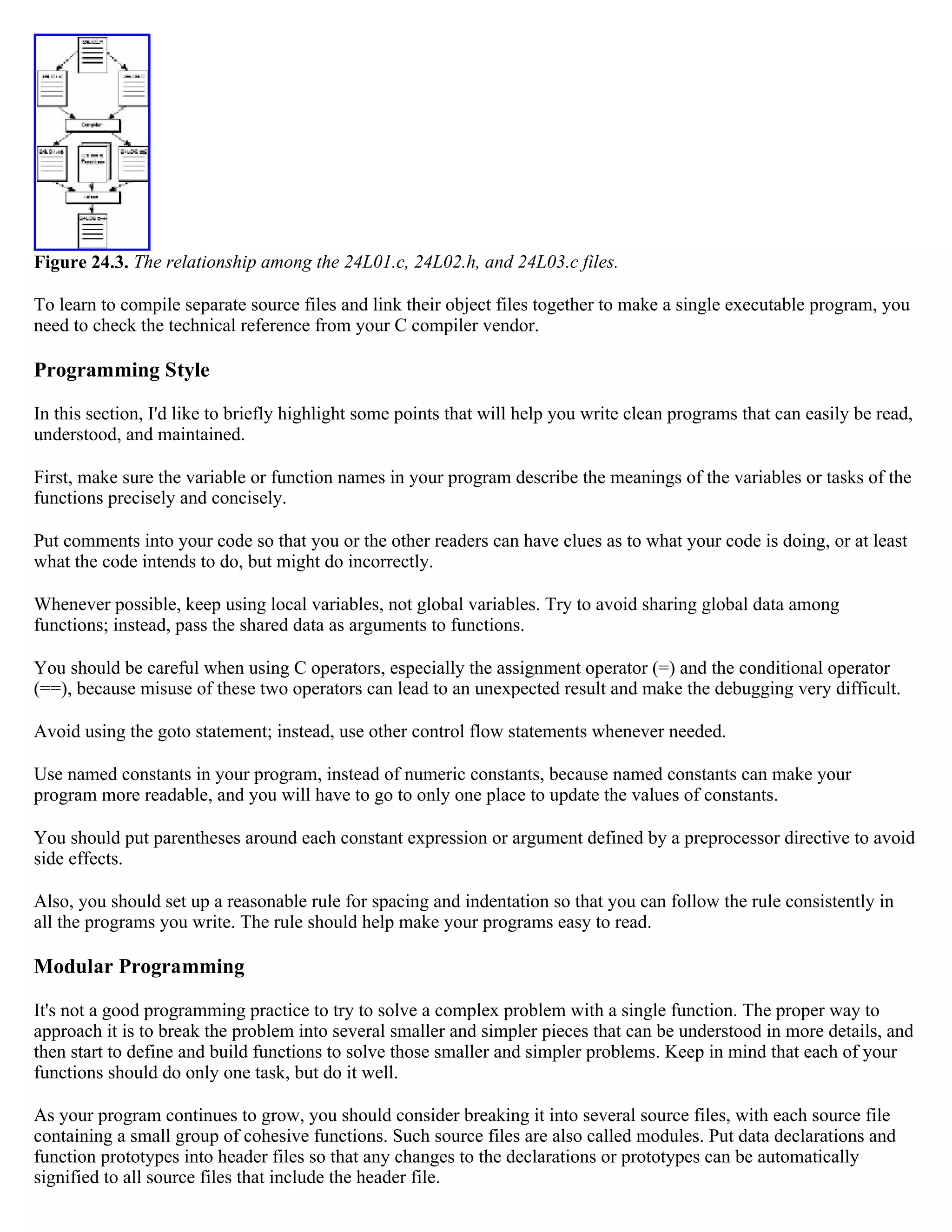 Figure 24.3. The relationship among the 24L01.c, 24L02.h, and 24L03.c files. To learn to compile separate source files and link their object files together to make a single executable program, you need to check the technical reference from your C compiler vendor. Programming Style In this section, I'd like to briefly highlight some points that will help you write clean programs that can easily be read, understood, and maintained. First, make sure the variable or function names in your program describe the meanings of the variables or tasks of the functions precisely and concisely. Put comments into your code so that you or the other readers can have clues as to what your code is doing, or at least what the code intends to do, but might do incorrectly. Whenever possible, keep using local variables, not global variables. Try to avoid sharing global data among functions; instead, pass the shared data as arguments to functions. You should be careful when using C operators, especially the assignment operator (=) and the conditional operator (==), because misuse of these two operators can lead to an unexpected result and make the debugging very difficult. Avoid using the goto statement; instead, use other control flow statements whenever needed. Use named constants in your program, instead of numeric constants, because named constants can make your program more readable, and you will have to go to only one place to update the values of constants. You should put parentheses around each constant expression or argument defined by a preprocessor directive to avoid side effects. Also, you should set up a reasonable rule for spacing and indentation so that you can follow the rule consistently in all the programs you write. The rule should help make your programs easy to read. Modular Programming It's not a good programming practice to try to solve a complex problem with a single function. The proper way to approach it is to break the problem into several smaller and simpler pieces that can be understood in more details, and then start to define and build functions to solve those smaller and simpler problems. Keep in mind that each of your functions should do only one task, but do it well. As your program continues to grow, you should consider breaking it into several source files, with each source file containing a small group of cohesive functions. Such source files are also called modules. Put data declarations and function prototypes into header files so that any changes to the declarations or prototypes can be automatically signified to all source files that include the header file. 