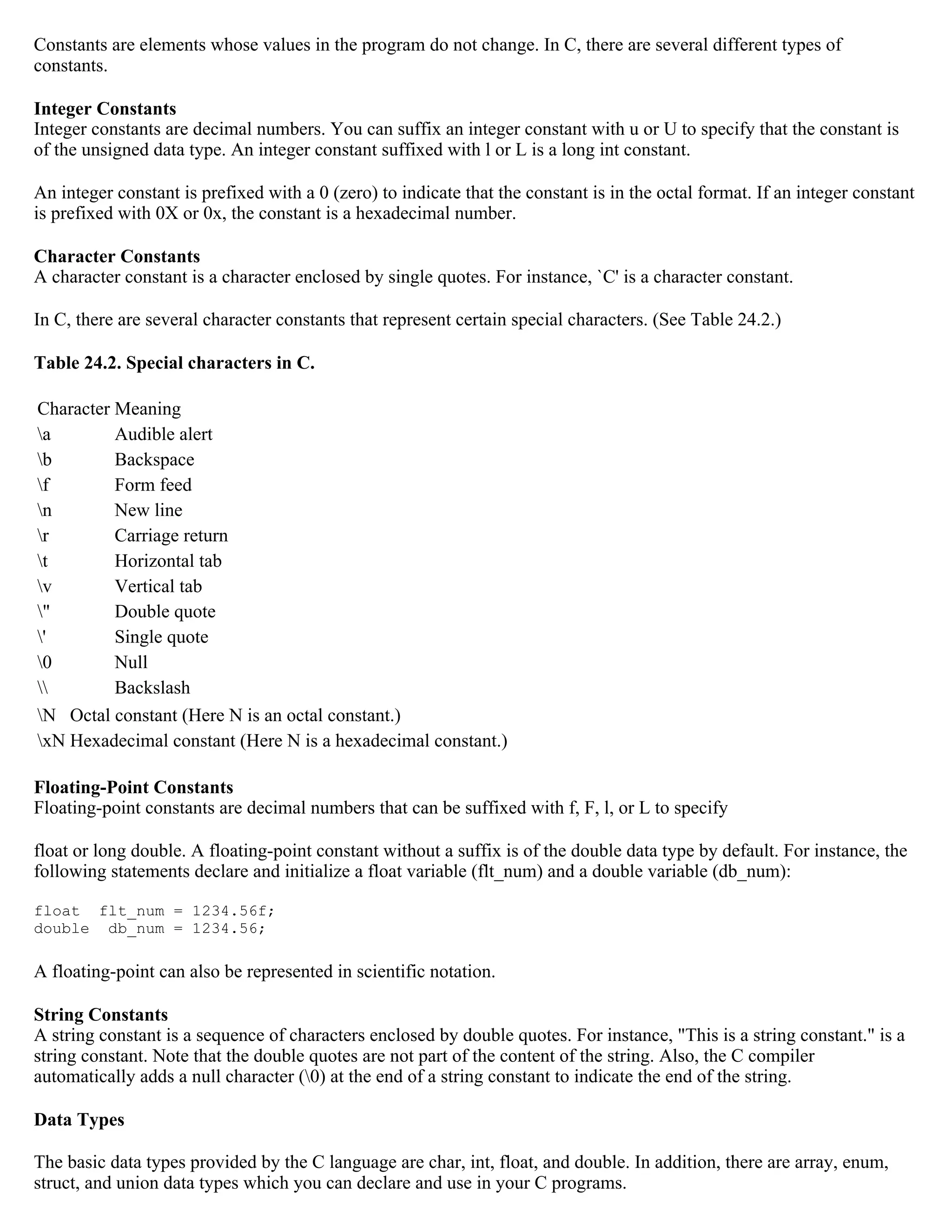 Constants are elements whose values in the program do not change. In C, there are several different types of constants. Integer Constants Integer constants are decimal numbers. You can suffix an integer constant with u or U to specify that the constant is of the unsigned data type. An integer constant suffixed with l or L is a long int constant. An integer constant is prefixed with a 0 (zero) to indicate that the constant is in the octal format. If an integer constant is prefixed with 0X or 0x, the constant is a hexadecimal number. Character Constants A character constant is a character enclosed by single quotes. For instance, `C' is a character constant. In C, there are several character constants that represent certain special characters. (See Table 24.2.) Table 24.2. Special characters in C. Character Meaning a Audible alert b Backspace f Form feed n New line r Carriage return t Horizontal tab v Vertical tab " Double quote ' Single quote 0 Null Backslash N Octal constant (Here N is an octal constant.) xN Hexadecimal constant (Here N is a hexadecimal constant.) Floating-Point Constants Floating-point constants are decimal numbers that can be suffixed with f, F, l, or L to specify float or long double. A floating-point constant without a suffix is of the double data type by default. For instance, the following statements declare and initialize a float variable (flt_num) and a double variable (db_num): float flt_num = 1234.56f; double db_num = 1234.56; A floating-point can also be represented in scientific notation. String Constants A string constant is a sequence of characters enclosed by double quotes. For instance, "This is a string constant." is a string constant. Note that the double quotes are not part of the content of the string. Also, the C compiler automatically adds a null character (0) at the end of a string constant to indicate the end of the string. Data Types The basic data types provided by the C language are char, int, float, and double. In addition, there are array, enum, struct, and union data types which you can declare and use in your C programs. 
