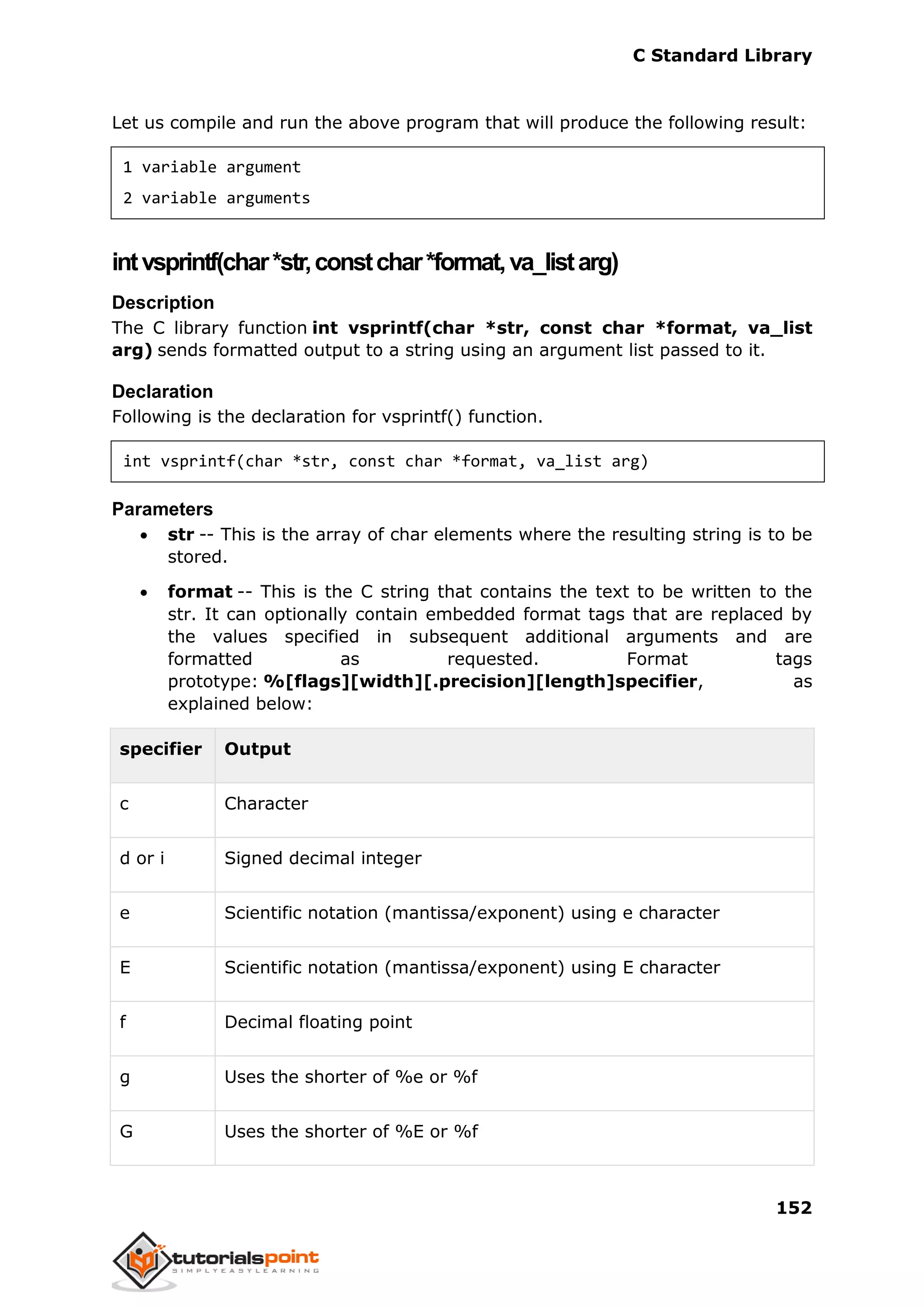 C Standard Library
152
Let us compile and run the above program that will produce the following result:
1 variable argument
2 variable arguments
intvsprintf(char*str,constchar*format,va_listarg)
Description
The C library function int vsprintf(char *str, const char *format, va_list
arg) sends formatted output to a string using an argument list passed to it.
Declaration
Following is the declaration for vsprintf() function.
int vsprintf(char *str, const char *format, va_list arg)
Parameters
 str -- This is the array of char elements where the resulting string is to be
stored.
 format -- This is the C string that contains the text to be written to the
str. It can optionally contain embedded format tags that are replaced by
the values specified in subsequent additional arguments and are
formatted as requested. Format tags
prototype: %[flags][width][.precision][length]specifier, as
explained below:
specifier Output
c Character
d or i Signed decimal integer
e Scientific notation (mantissa/exponent) using e character
E Scientific notation (mantissa/exponent) using E character
f Decimal floating point
g Uses the shorter of %e or %f
G Uses the shorter of %E or %f
 