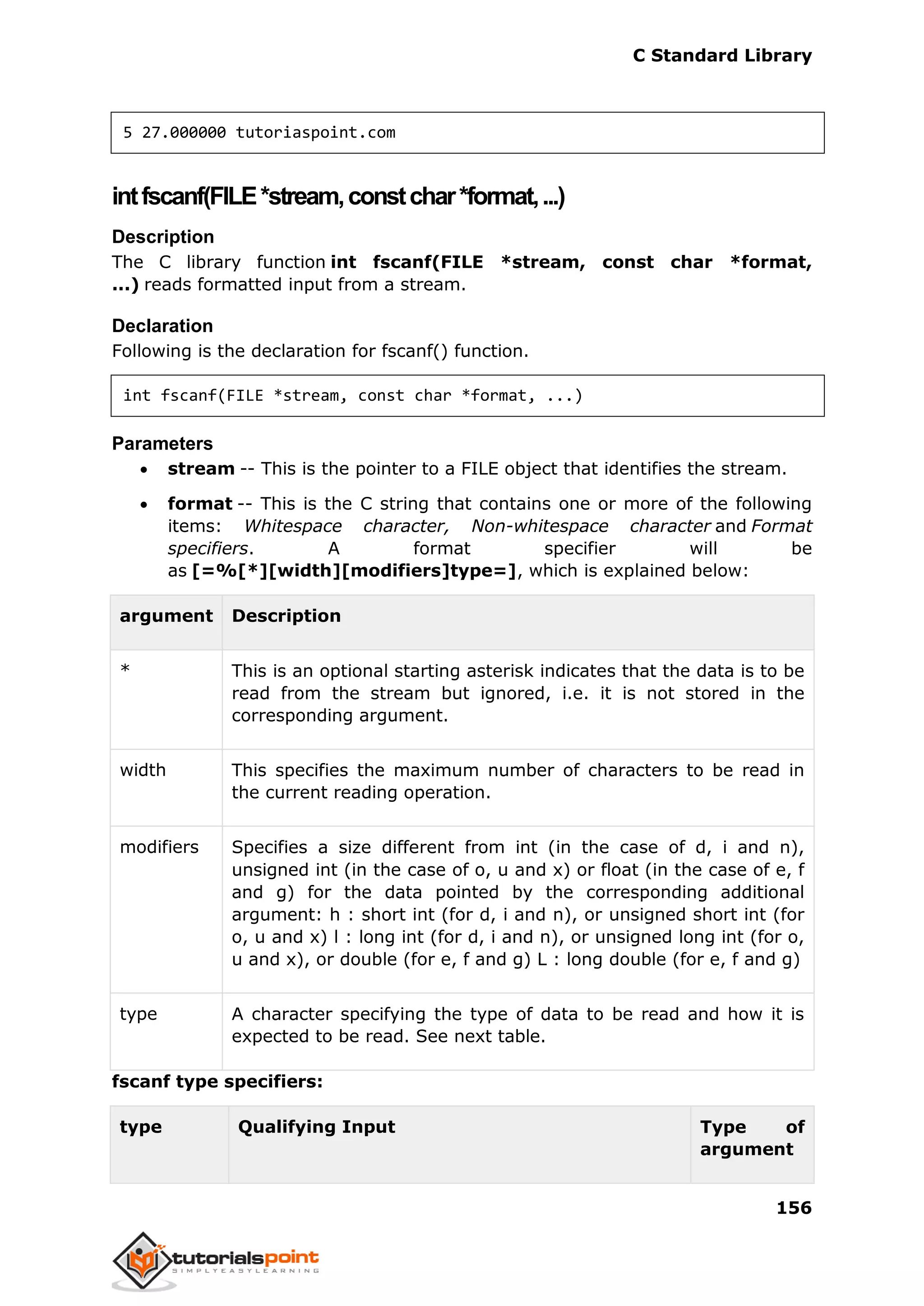 C Standard Library
156
5 27.000000 tutoriaspoint.com
intfscanf(FILE*stream,constchar*format,...)
Description
The C library function int fscanf(FILE *stream, const char *format,
...) reads formatted input from a stream.
Declaration
Following is the declaration for fscanf() function.
int fscanf(FILE *stream, const char *format, ...)
Parameters
 stream -- This is the pointer to a FILE object that identifies the stream.
 format -- This is the C string that contains one or more of the following
items: Whitespace character, Non-whitespace character and Format
specifiers. A format specifier will be
as [=%[*][width][modifiers]type=], which is explained below:
argument Description
* This is an optional starting asterisk indicates that the data is to be
read from the stream but ignored, i.e. it is not stored in the
corresponding argument.
width This specifies the maximum number of characters to be read in
the current reading operation.
modifiers Specifies a size different from int (in the case of d, i and n),
unsigned int (in the case of o, u and x) or float (in the case of e, f
and g) for the data pointed by the corresponding additional
argument: h : short int (for d, i and n), or unsigned short int (for
o, u and x) l : long int (for d, i and n), or unsigned long int (for o,
u and x), or double (for e, f and g) L : long double (for e, f and g)
type A character specifying the type of data to be read and how it is
expected to be read. See next table.
fscanf type specifiers:
type Qualifying Input Type of
argument
 