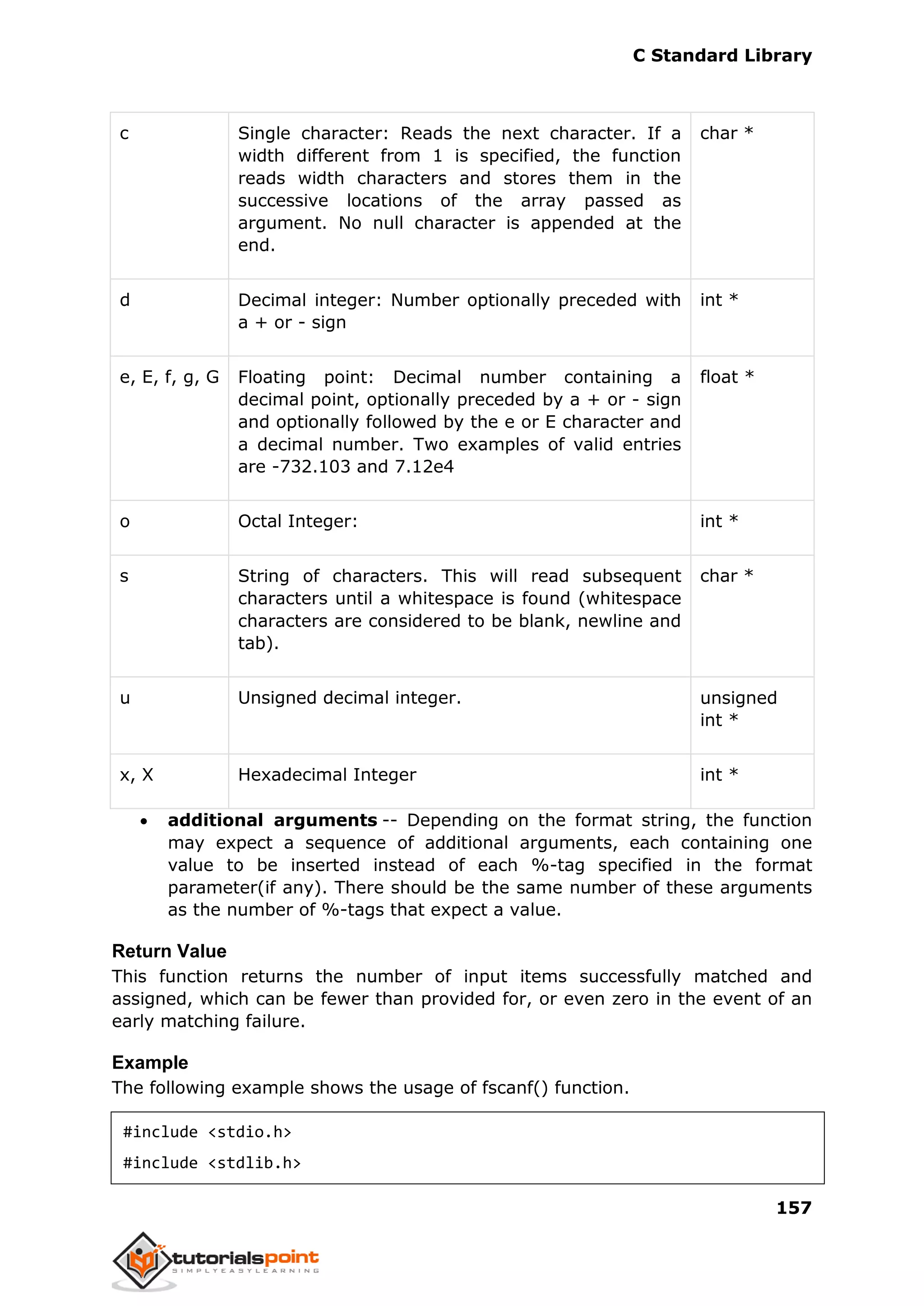 C Standard Library
157
c Single character: Reads the next character. If a
width different from 1 is specified, the function
reads width characters and stores them in the
successive locations of the array passed as
argument. No null character is appended at the
end.
char *
d Decimal integer: Number optionally preceded with
a + or - sign
int *
e, E, f, g, G Floating point: Decimal number containing a
decimal point, optionally preceded by a + or - sign
and optionally followed by the e or E character and
a decimal number. Two examples of valid entries
are -732.103 and 7.12e4
float *
o Octal Integer: int *
s String of characters. This will read subsequent
characters until a whitespace is found (whitespace
characters are considered to be blank, newline and
tab).
char *
u Unsigned decimal integer. unsigned
int *
x, X Hexadecimal Integer int *
 additional arguments -- Depending on the format string, the function
may expect a sequence of additional arguments, each containing one
value to be inserted instead of each %-tag specified in the format
parameter(if any). There should be the same number of these arguments
as the number of %-tags that expect a value.
Return Value
This function returns the number of input items successfully matched and
assigned, which can be fewer than provided for, or even zero in the event of an
early matching failure.
Example
The following example shows the usage of fscanf() function.
#include <stdio.h>
#include <stdlib.h>
 