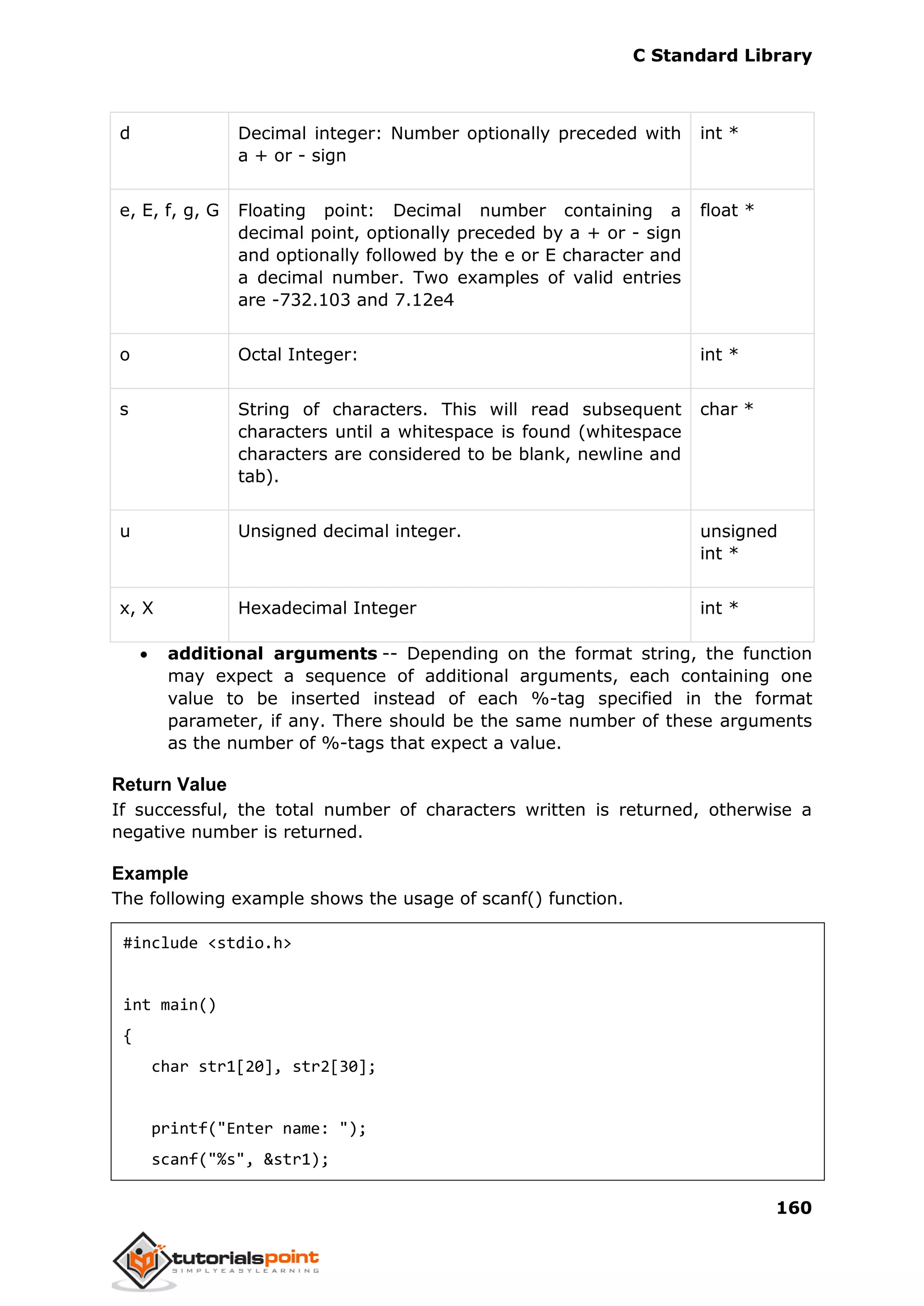 C Standard Library
160
d Decimal integer: Number optionally preceded with
a + or - sign
int *
e, E, f, g, G Floating point: Decimal number containing a
decimal point, optionally preceded by a + or - sign
and optionally followed by the e or E character and
a decimal number. Two examples of valid entries
are -732.103 and 7.12e4
float *
o Octal Integer: int *
s String of characters. This will read subsequent
characters until a whitespace is found (whitespace
characters are considered to be blank, newline and
tab).
char *
u Unsigned decimal integer. unsigned
int *
x, X Hexadecimal Integer int *
 additional arguments -- Depending on the format string, the function
may expect a sequence of additional arguments, each containing one
value to be inserted instead of each %-tag specified in the format
parameter, if any. There should be the same number of these arguments
as the number of %-tags that expect a value.
Return Value
If successful, the total number of characters written is returned, otherwise a
negative number is returned.
Example
The following example shows the usage of scanf() function.
#include <stdio.h>
int main()
{
char str1[20], str2[30];
printf("Enter name: ");
scanf("%s", &str1);
 