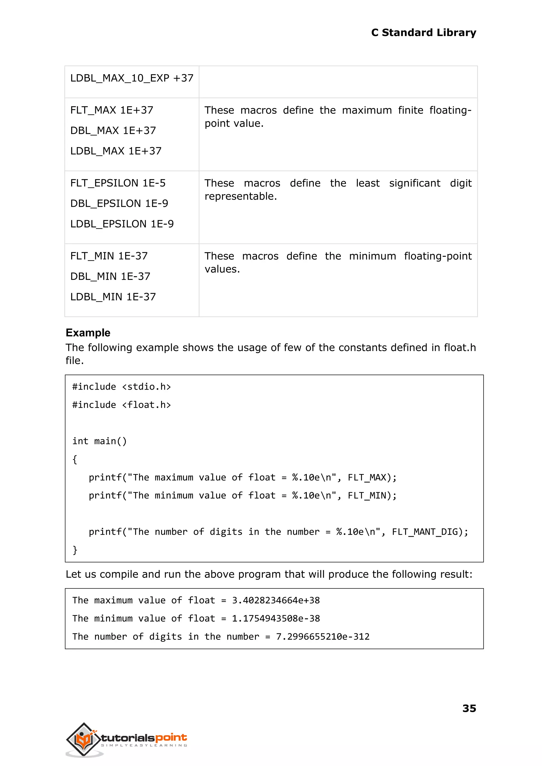 C Standard Library
35
LDBL_MAX_10_EXP +37
FLT_MAX 1E+37
DBL_MAX 1E+37
LDBL_MAX 1E+37
These macros define the maximum finite floating-
point value.
FLT_EPSILON 1E-5
DBL_EPSILON 1E-9
LDBL_EPSILON 1E-9
These macros define the least significant digit
representable.
FLT_MIN 1E-37
DBL_MIN 1E-37
LDBL_MIN 1E-37
These macros define the minimum floating-point
values.
Example
The following example shows the usage of few of the constants defined in float.h
file.
#include <stdio.h>
#include <float.h>
int main()
{
printf("The maximum value of float = %.10en", FLT_MAX);
printf("The minimum value of float = %.10en", FLT_MIN);
printf("The number of digits in the number = %.10en", FLT_MANT_DIG);
}
Let us compile and run the above program that will produce the following result:
The maximum value of float = 3.4028234664e+38
The minimum value of float = 1.1754943508e-38
The number of digits in the number = 7.2996655210e-312
 