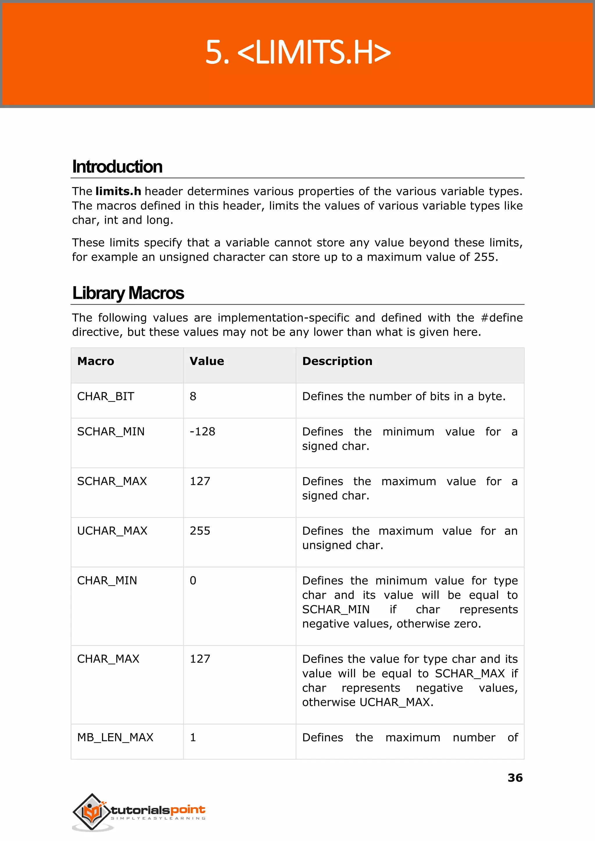 C Standard Library
36
Introduction
The limits.h header determines various properties of the various variable types.
The macros defined in this header, limits the values of various variable types like
char, int and long.
These limits specify that a variable cannot store any value beyond these limits,
for example an unsigned character can store up to a maximum value of 255.
LibraryMacros
The following values are implementation-specific and defined with the #define
directive, but these values may not be any lower than what is given here.
Macro Value Description
CHAR_BIT 8 Defines the number of bits in a byte.
SCHAR_MIN -128 Defines the minimum value for a
signed char.
SCHAR_MAX 127 Defines the maximum value for a
signed char.
UCHAR_MAX 255 Defines the maximum value for an
unsigned char.
CHAR_MIN 0 Defines the minimum value for type
char and its value will be equal to
SCHAR_MIN if char represents
negative values, otherwise zero.
CHAR_MAX 127 Defines the value for type char and its
value will be equal to SCHAR_MAX if
char represents negative values,
otherwise UCHAR_MAX.
MB_LEN_MAX 1 Defines the maximum number of
5. <LIMITS.H>
 