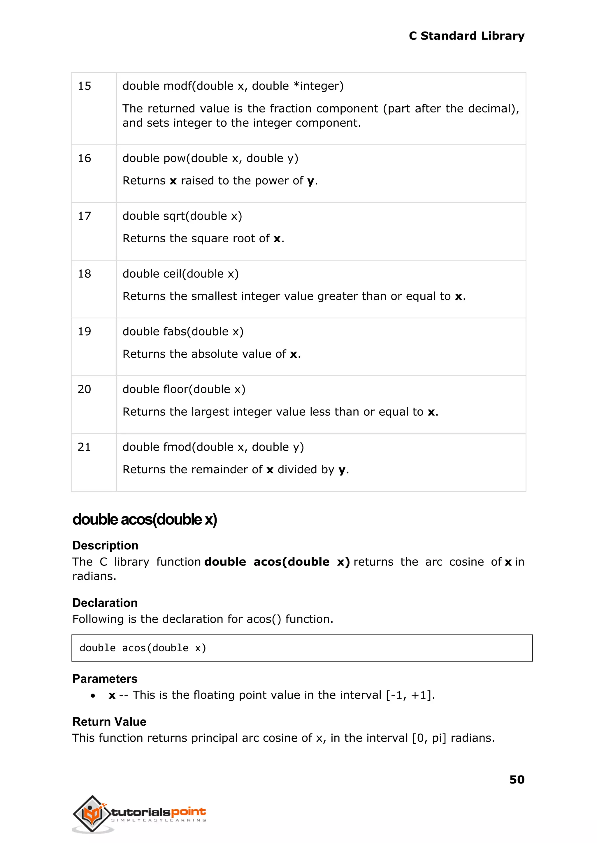 C Standard Library
50
15 double modf(double x, double *integer)
The returned value is the fraction component (part after the decimal),
and sets integer to the integer component.
16 double pow(double x, double y)
Returns x raised to the power of y.
17 double sqrt(double x)
Returns the square root of x.
18 double ceil(double x)
Returns the smallest integer value greater than or equal to x.
19 double fabs(double x)
Returns the absolute value of x.
20 double floor(double x)
Returns the largest integer value less than or equal to x.
21 double fmod(double x, double y)
Returns the remainder of x divided by y.
doubleacos(doublex)
Description
The C library function double acos(double x) returns the arc cosine of x in
radians.
Declaration
Following is the declaration for acos() function.
double acos(double x)
Parameters
 x -- This is the floating point value in the interval [-1, +1].
Return Value
This function returns principal arc cosine of x, in the interval [0, pi] radians.
 