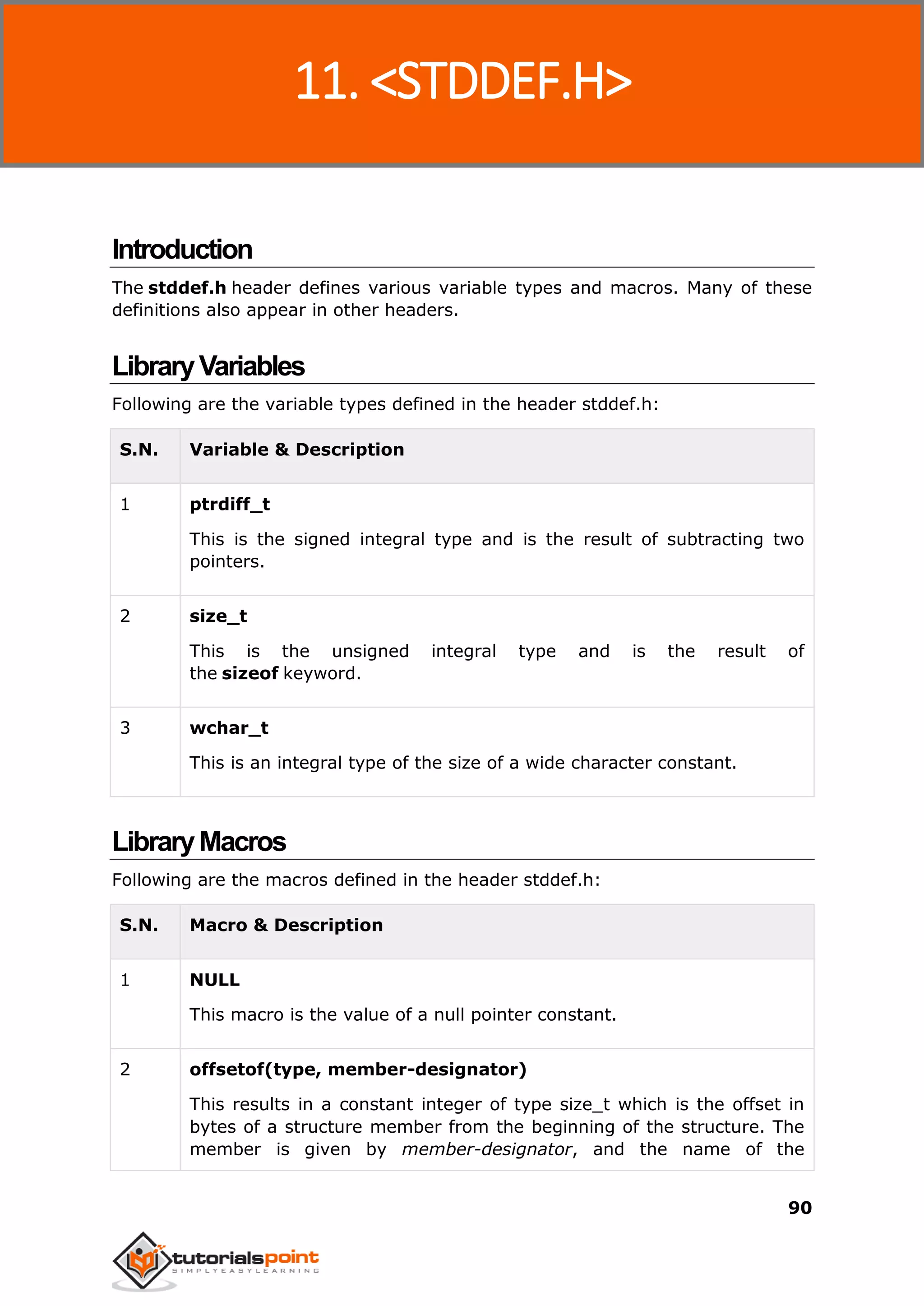 C Standard Library
90
Introduction
The stddef.h header defines various variable types and macros. Many of these
definitions also appear in other headers.
LibraryVariables
Following are the variable types defined in the header stddef.h:
S.N. Variable & Description
1 ptrdiff_t
This is the signed integral type and is the result of subtracting two
pointers.
2 size_t
This is the unsigned integral type and is the result of
the sizeof keyword.
3 wchar_t
This is an integral type of the size of a wide character constant.
LibraryMacros
Following are the macros defined in the header stddef.h:
S.N. Macro & Description
1 NULL
This macro is the value of a null pointer constant.
2 offsetof(type, member-designator)
This results in a constant integer of type size_t which is the offset in
bytes of a structure member from the beginning of the structure. The
member is given by member-designator, and the name of the
11. <STDDEF.H>
 