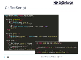 Exercise 4: Control the Data
 Update the data using curl for welcome message
 Find in the bottom of your dashboard (remove 443,  front of
http)
 Update the data using curl for log
 $ curl -d '{ "auth_token": "YOUR_AUTH_TOKEN", “access”: “100“,
“event2”:”87”}' http://<url>/widgets/log
 Update the data using curl for log
 # Save the request into log.json
 $ curl -d @log.json http://<url>/widgets/log
 Write your own script from anywhere!! (homework)
Learn Dashing12 06/16/16
 