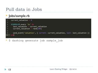 CoffeeScript
 CofferScript is like javascript to control views when data
comes (like color) (log.coffeescript)
Learn Dashing Widget14 06/16/16
 