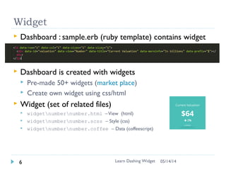 Exercise 1: Install Dashing
 Create new dashboard
 $ dashing new dashboard
 $ cd dashboard
 Remove twitter (need both)
 Comment out twitter in Gemfile
 Delete twitter.rb in jobs (dir)
 Start it
 $ bundle
 $ dashing start –p 8080 # default is 3030
 Point your browser to http://localhost:8080
 Or Run panel (if c9.io)
Learn Dashing Widget7 06/16/16
 