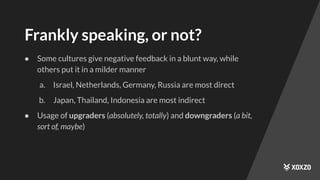 Frankly speaking, or not?
● Some cultures give negative feedback in a blunt way, while
others put it in a milder manner
a. Israel, Netherlands, Germany, Russia are most direct
b. Japan, Thailand, Indonesia are most indirect
● Usage of upgraders (absolutely, totally) and downgraders (a bit,
sort of, maybe)
 