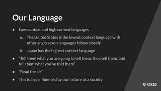 Our Language
● Low-context and high context languages
a. The United States is the lowest context language with
other anglo saxon languages follow closely
b. Japan has the highest context language
● “Tell them what you are going to tell them, then tell them, and
tell them what you’ve told them”
● “Read the air”
● This is also inﬂuenced by our history as a society
 