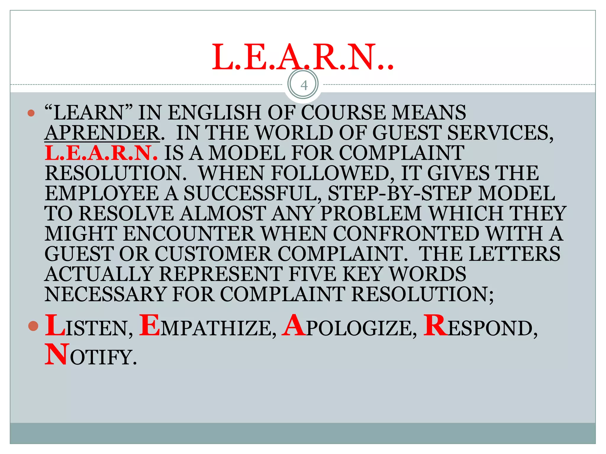 Learn. Model Complain L.e.a.r.n....Conflict resolution and guest services | PDF