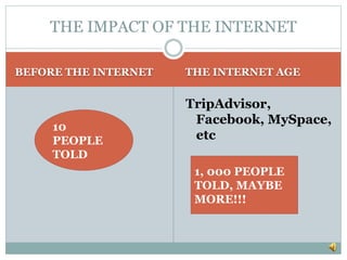 BEFORE THE INTERNET THE INTERNET AGE
TripAdvisor,
Facebook, MySpace,
etc
THE IMPACT OF THE INTERNET
10
PEOPLE
TOLD
1, 000 PEOPLE
TOLD, MAYBE
MORE!!!
 
