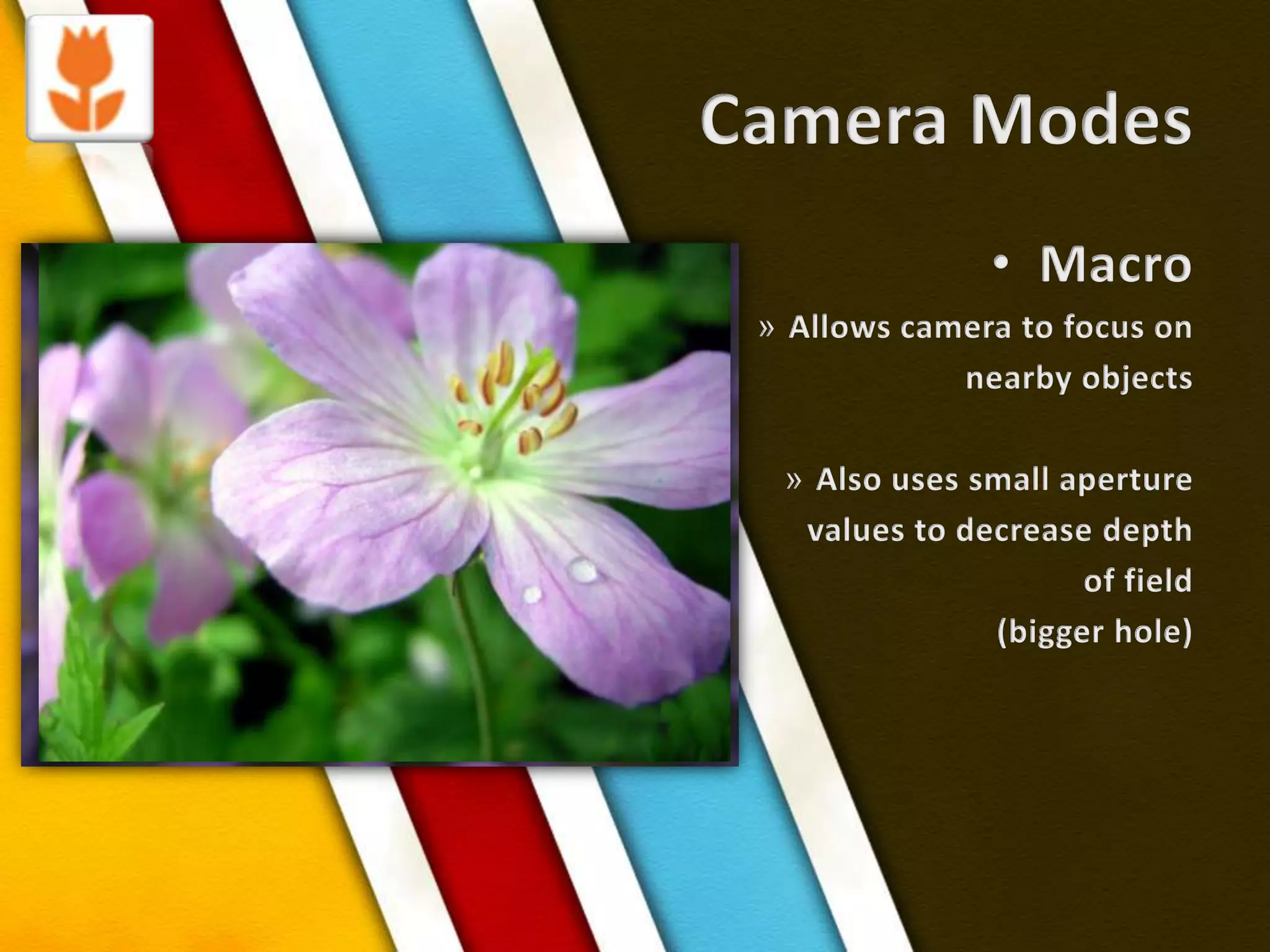 Camera ModesMacroAllows camera to focus on nearby objectsAlso uses small aperture values to decrease depth of field(bigger hole)
