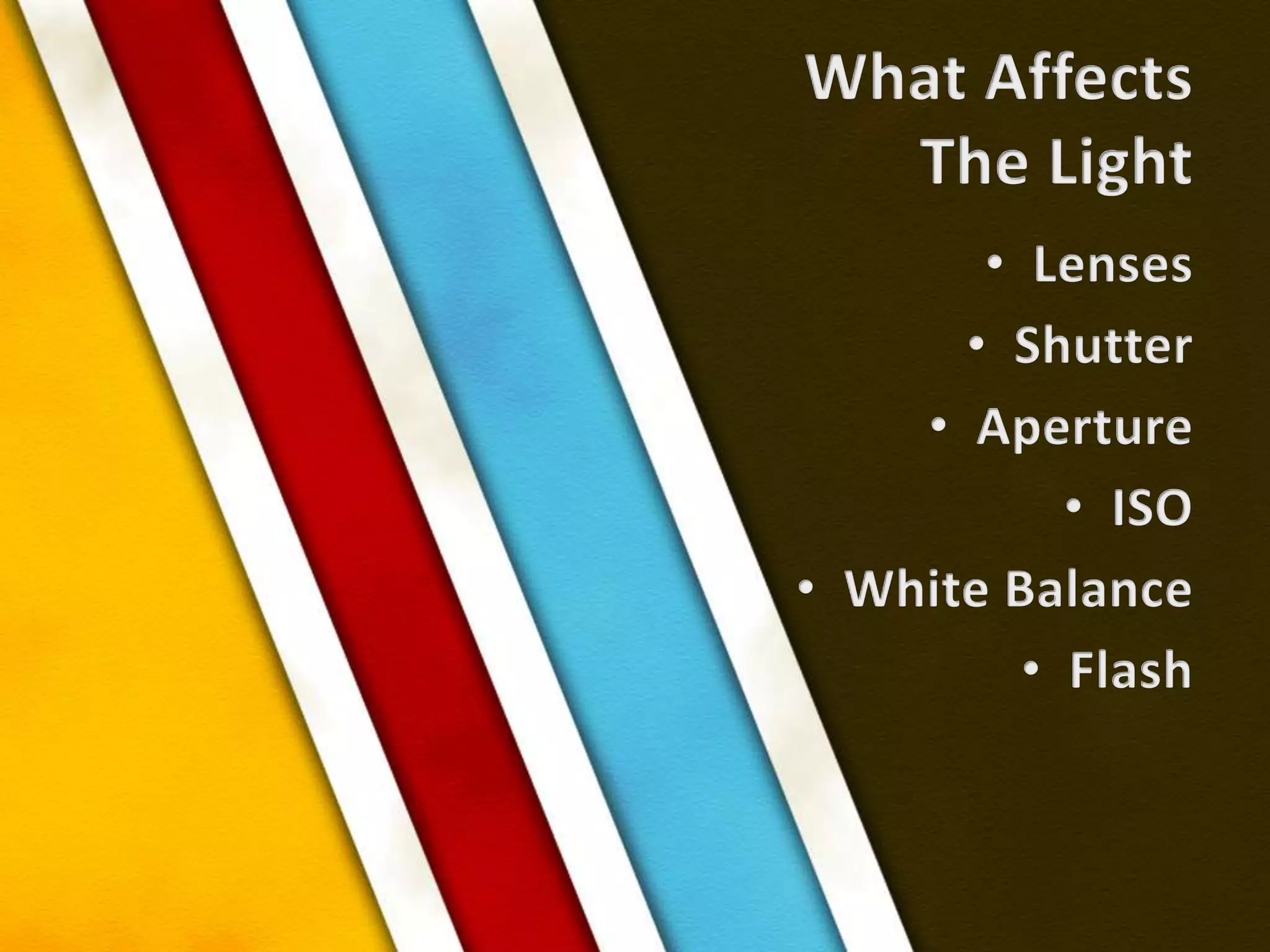 What AffectsThe LightLensesShutter ApertureISOWhite BalanceFlash