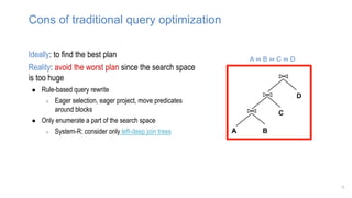 Cons of traditional query optimization
12
Ideally: to find the best plan
Reality: avoid the worst plan since the search space
is too huge
● Rule-based query rewrite
○ Eager selection, eager project, move predicates
around blocks
● Only enumerate a part of the search space
○ System-R: consider only left-deep join trees
A ⋈ B ⋈ C ⋈ D
 