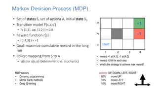 Markov Decision Process (MDP)
• Set of states S, set of actions A, initial state S0
• Transition model P(s,a,s’)
- P( [1,1], up, [1,2] ) = 0.8
• Reward function r(s)
- r( [4,3] ) = +1
• Goal: maximize cumulative reward in the long
run
• Policy: mapping from S to A
- (s) or (s,a) (deterministic vs. stochastic)
+1
-1
START
actions: UP, DOWN, LEFT, RIGHT
80% move UP
10% move LEFT
10% move RIGHT
1 2 3 4
1
2
3
• reward +1 at [4,3], -1 at [4,2]
• reward -0.04 for each step
• what’s the strategy to achieve max reward?
MDP solvers
- Dynamic programming
- Monte Carlo methods
- Deep Q-lerning
 