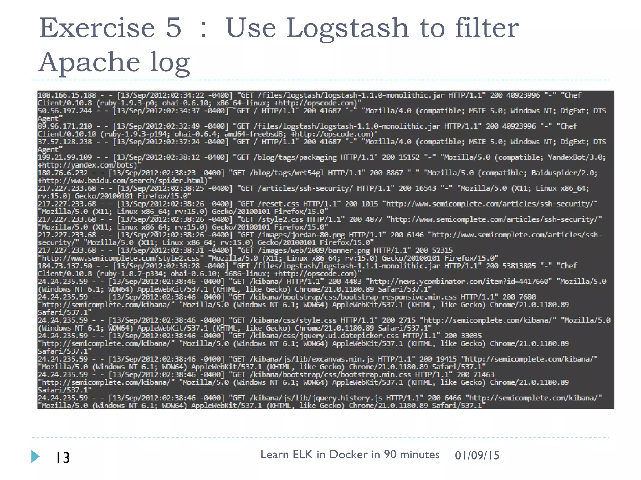 Exercise 5 ： Use Logstash to filter
Apache log
Learn ELK in Docker in 90 minutes13 01/09/15
 