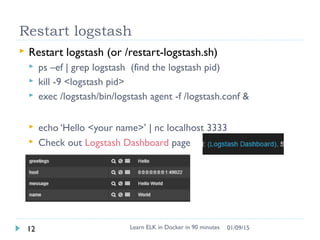 Restart logstash
 Restart logstash (or /restart-logstash.sh)
 ps –ef | grep logstash (find the logstash pid)
 kill -9 <logstash pid>
 exec /logstash/bin/logstash agent -f /logstash.conf &
 echo ‘Hello <your name>’ | nc localhost 3333
 Check out Logstash Dashboard page
Learn ELK in Docker in 90 minutes12 01/09/15
 