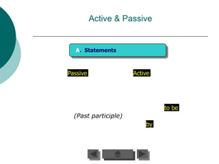 Active & Passive


  A. Statements



Passive               Active




                               to be
  (Past participle)
                          by
 