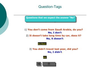 Question-Tags


 Questions that we expect the answer “No”




1) You don’t come from Saudi Arabia, do you?
                   No, I don’t.
 2) It doesn’t take long time by car, does it?
                  No, it doesn’t.

          do/does

   3) You didn’t travel last year, did you?
                  No, I didn’t.

               did
 