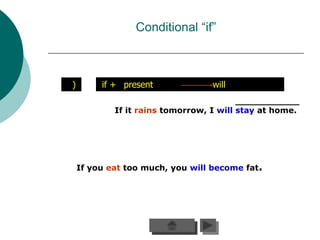 Conditional “if”



)        if + present             will

            If it rains tomorrow, I will stay at home.




    If you eat too much, you will become fat.
 