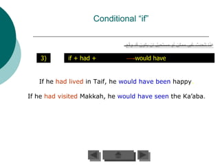 Conditional “if”



    3)      if + had +            would have


   If he had lived in Taif, he would have been happy.

If he had visited Makkah, he would have seen the Ka’aba.
 