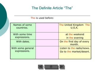 The Definite Article “The”

                 The is used before:

 Names of some                         The United Kingdom The
   countries.                                   U.S.A.

 With some time                            at the weekend
  expressions.                             in the evening
   With dates.                         On the first day of every
                                                month.
With some general                      Listen to the radio/news.
   expressions.                        Go to the market/desert.
 