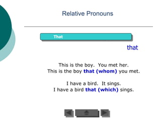 Relative Pronouns


  That

                                that

     This is the boy. You met her.
This is the boy that (whom) you met.

       I have a bird. It sings.
  I have a bird that (which) sings.
 