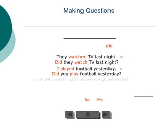 Making Questions




                          did

 They watched TV last night.     
 Did they watch TV last night?
  I played football yesterday. 
Did you play football yesterday?




              No    Yes
 