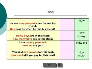 How

                                        How
He was very pleased when he met his
               friend.
How was he when he met his friend?
                                        How
    Thirty boys are in this class.      many
  How many boys are in this class?
       I am twenty years old.          How old
          How old are you?

 You paid five pounds for this coat.    How
How much did you pay for this coat?     much
 