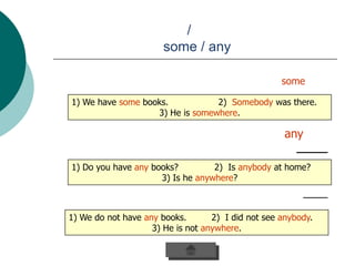 /
                       some / any

                                                    some

1) We have some books.           2) Somebody was there.
                   3) He is somewhere.

                                                     any

1) Do you have any books?         2) Is anybody at home?
                     3) Is he anywhere?



1) We do not have any books.       2) I did not see anybody.
                    3) He is not anywhere.
 