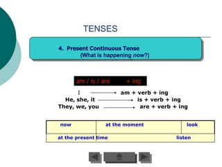 TENSES

4. Present Continuous Tense
       (What is happening now?)



       am / is / are    + ing
      I                am + verb + ing
  He, she, it               is + verb + ing
They, we, you                are + verb + ing


now               at the moment              look

at the present time                      listen
 