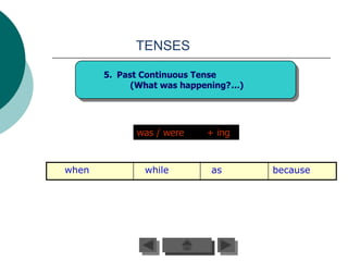 TENSES

       5. Past Continuous Tense
             (What was happening?…)




             was / were    + ing


when           while        as        because
 