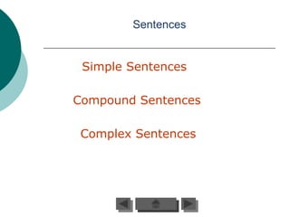 Sentences


 Simple Sentences

Compound Sentences

 Complex Sentences
 
