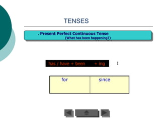 TENSES
. Present Perfect Continuous Tense
             (What has been happening?)




     has / have + been       + ing        I



           for                  since
 