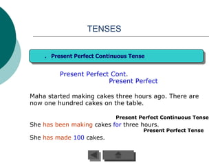 TENSES


    . Present Perfect Continuous Tense


         Present Perfect Cont.
                        Present Perfect

Maha started making cakes three hours ago. There are
now one hundred cakes on the table.

                            Present Perfect Continuous Tense
She has been making cakes for three hours.
                                     Present Perfect Tense
She has made 100 cakes..
 