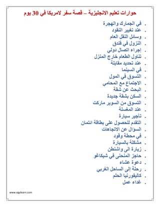 www.egylearn.com 
حوارات تعليم الانجليزية قصة سفر لامريكا في 03 يوم – 
 في الجمارك والهجرة 
 عند تغيير النقود 
 وسائل النقل العام 
 النزول في فندق 
 إجراء اتصال دولي 
 تناول الطعام خارج المنزل 
 عند تحديد مقابلة 
 في السينما 
 التسوق في المول 
 الاجتماع مع المحامي 
 البحث عن شقة 
 السكن بشقة جديدة 
 التسوق من السوبر ماركت 
 عند المغسلة 
 تأجير سيارة 
 التقدم للحصول على بطاقة ائتمان 
 السؤال عن الاتجاهات 
 في محطة وقود 
 مشكلة بالسيارة 
 زيارة الى واشنطن 
 حاجز المنحنى في شيكاغو 
 دعوة عشاء 
 رحلة إلى الساحل الغربي 
 كاليفورنيا الحلم 
 غداء عمل 
 